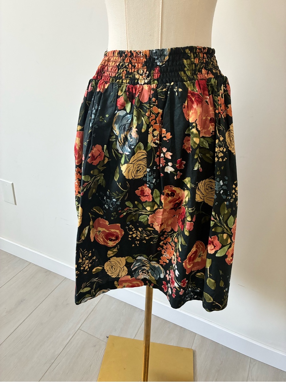 Garnet Hill Knee Length Black Skirt with Red, Yellow & Green Floral Print